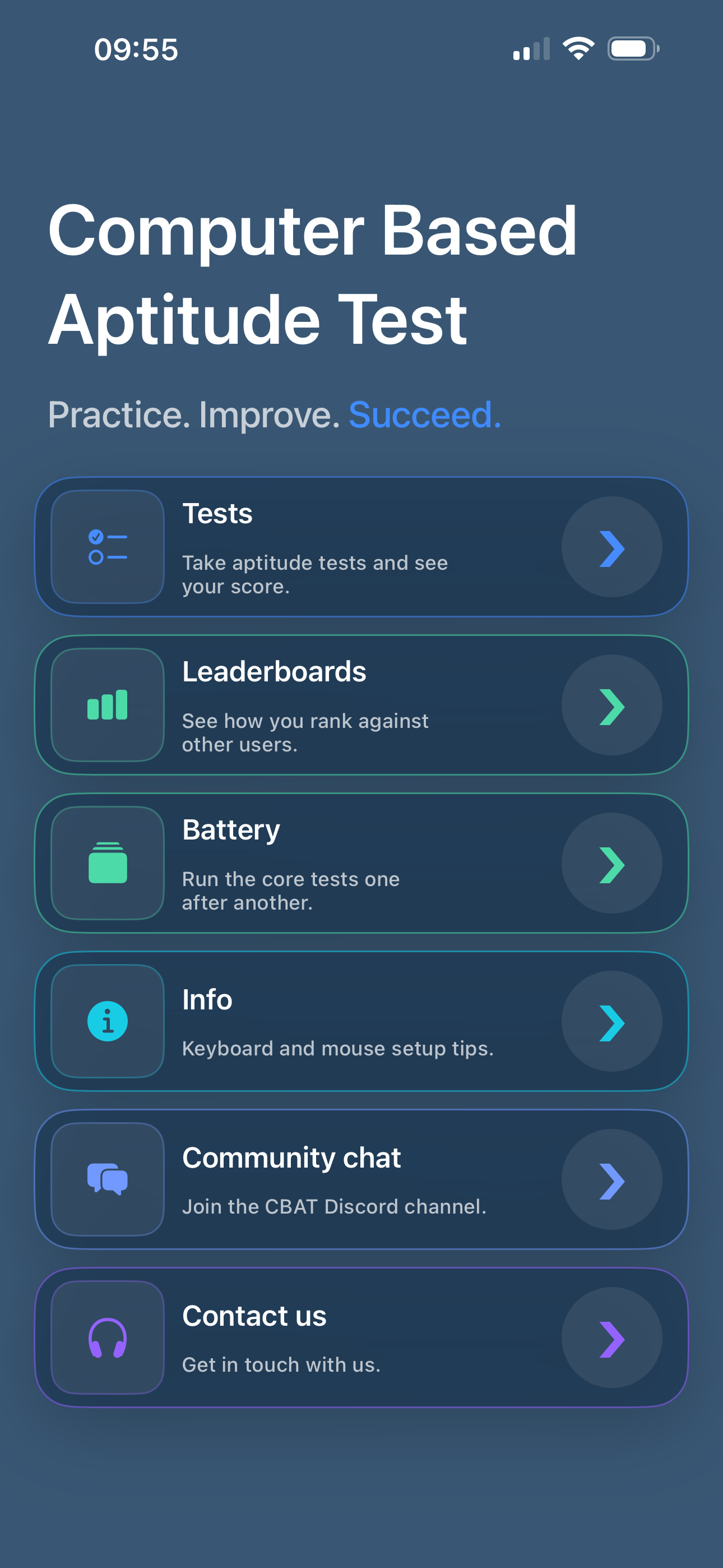 CBAT mobile app home screen